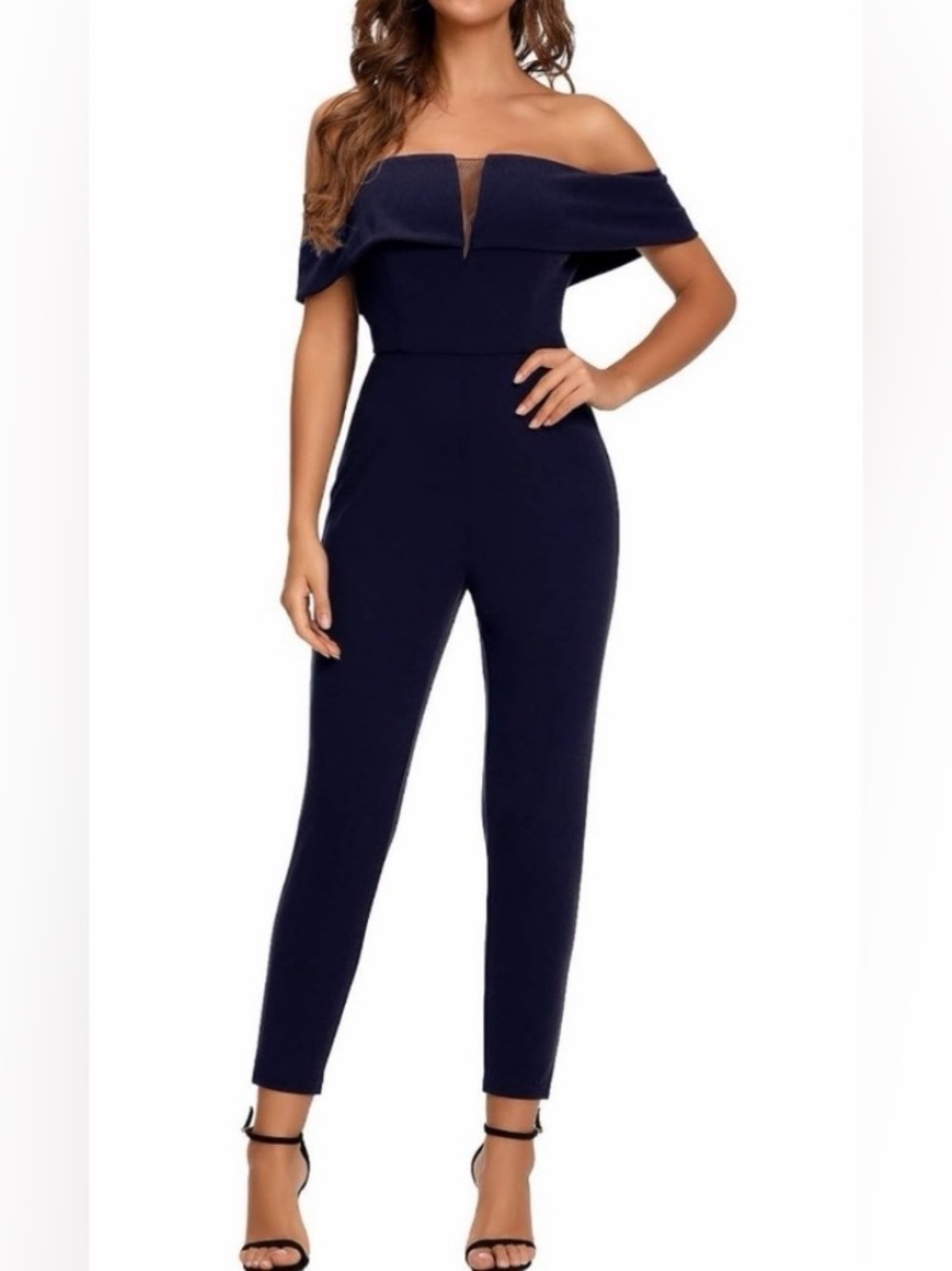 Off-Shoulder Navy Blue Cropped Jumpsuit